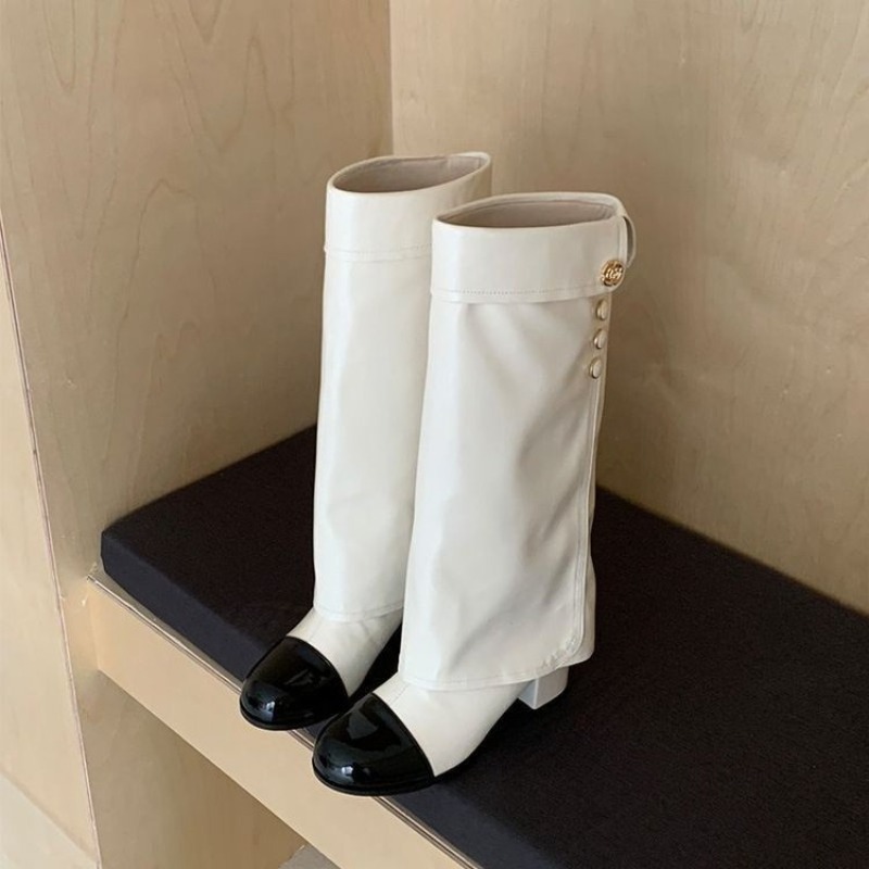 Knee High Sock Women - Şık Siyah Beyaz Eklemeli Diz Üstü